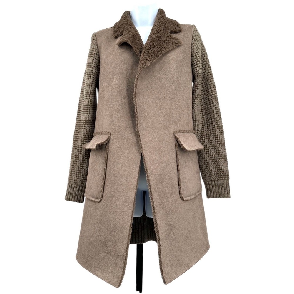 ANTHROPOLOGIE Sweater Coat Brown Piper Faux Suede & Faux Fur Trim Women's XS